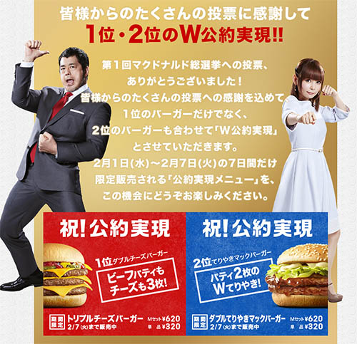 マクドナルド総選挙は ダブルチーズバーガー が優勝 本日1日 水 から トリチ と Wてりやき が販売 多くの投票に感謝して1位と2位の公約が実現 ネタとぴ