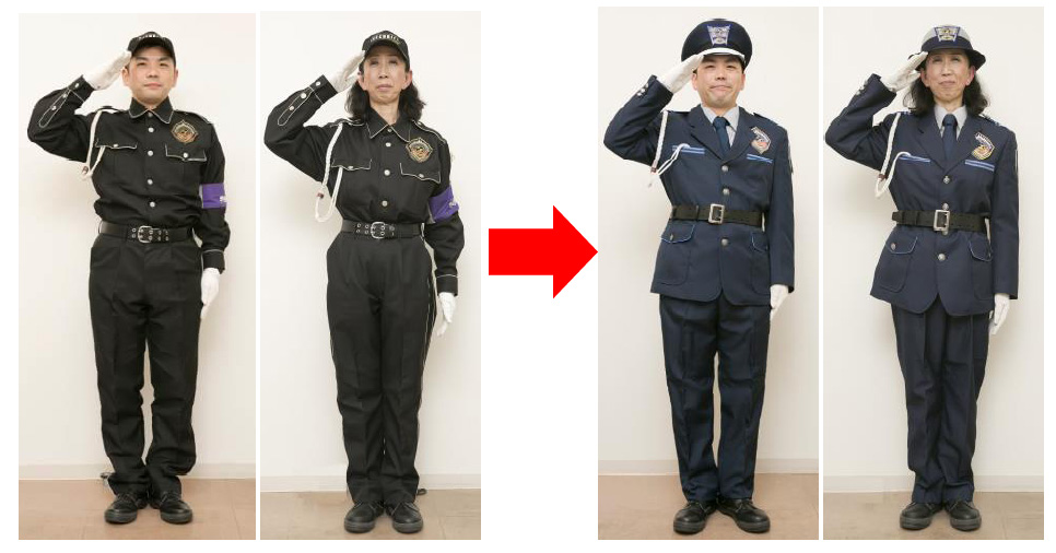 変更前の制服（左）と変更後の制服（右）。写真は冬服。リニューアル後の制服がカッコいい！　男性の帽子は銀河鉄道999の車掌さんっぽい形に