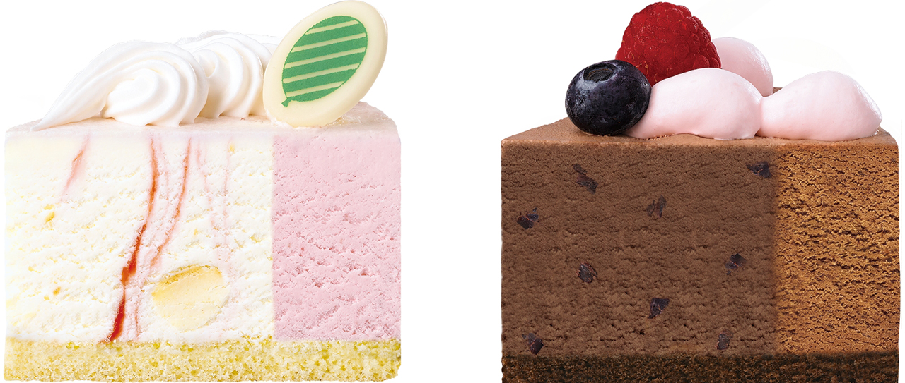 左：ストロベリーチーズケーキ＋ストロベリー（ホワイトスポンジ）<br />右：チョコレートフレーク＆チョコレート＋ミルクチョコレート（チョコレートスポンジ）