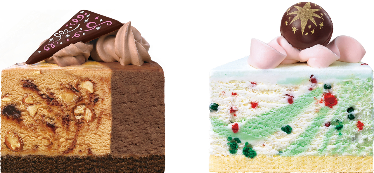 左：ジャモカアーモンドファッジ＋チョコレート（チョコレートスポンジ）<br />右：ポッピングシャワー（ホワイトスポンジ）