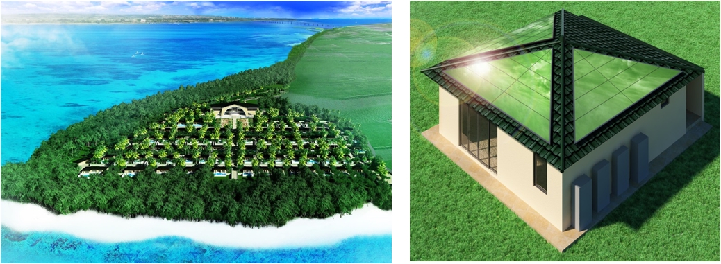 沖縄県宮古島市に建設中の大規模リゾート計画地(左)、IGパーフェクトエコハウス研究棟の完成イメ－ジ(右)