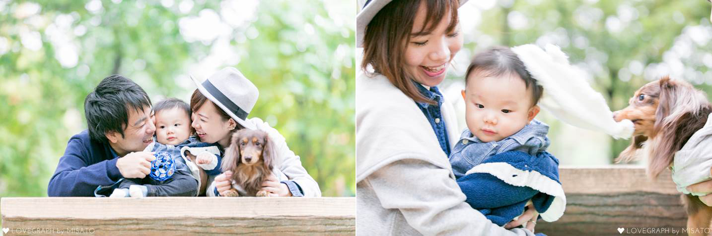 上野恩賜公園で、家族揃って愛犬と撮影。1組30分かけてカメラマンが撮影してくれます。2匹のワンちゃんが会場にスタンバイしているので、愛犬がいなくてもOK！