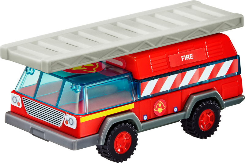 【消防車】はしごやタイヤなど、4つのパーツを組み立てると消防車になり、はしごが上下に動き前後に走行します