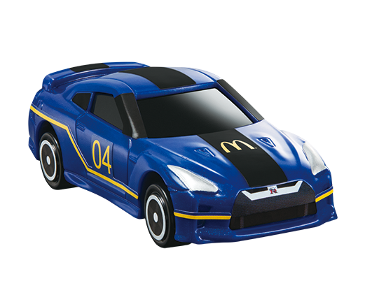 【日産GT-R マクドナルドレーシングカー】ハッピーセット限定オリジナルデザインのレーシングカー。サスペンションが付いています。なお、シールのデザインがオリジナル仕様になっています