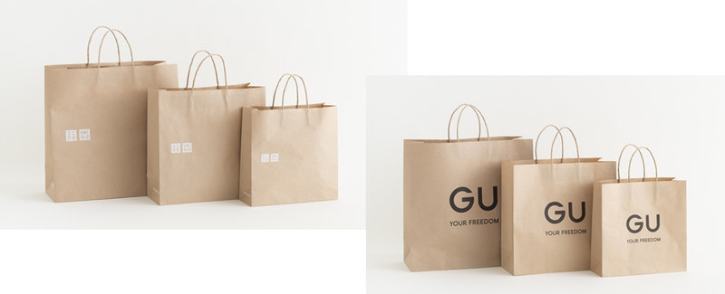 9月から全世界で順次導入する環境配慮型紙製ショッピングバッグ(左：ユニクロ　　右：ジーユー)