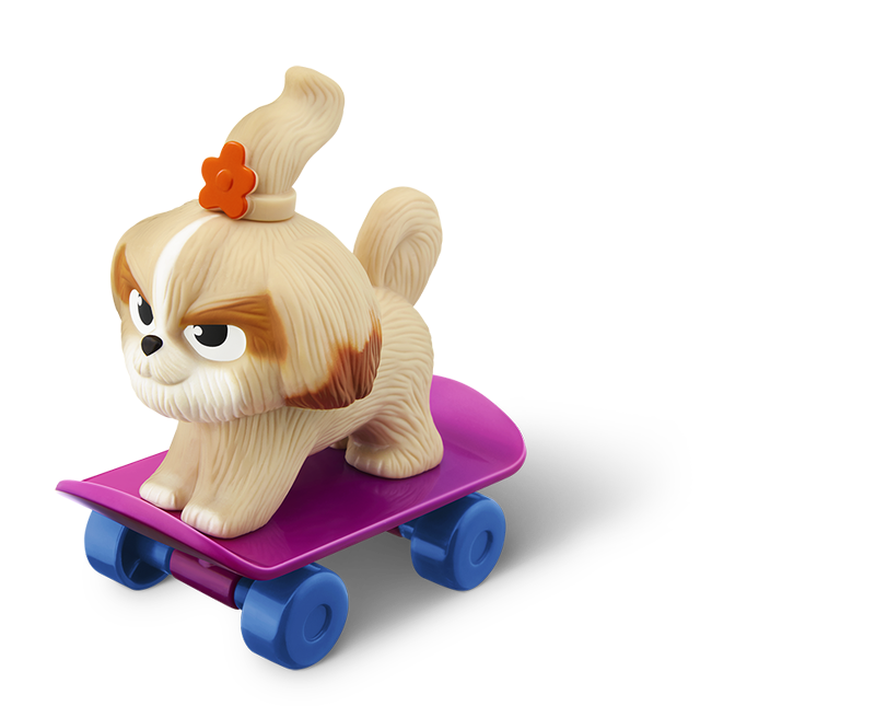 「スケートボードではしるデイジー」。「ペット2」で新登場するキャラクター、デイジーのおもちゃ。手で転がすことができ、さらに、髪の毛の向きを変えると、走る方向も変えられます