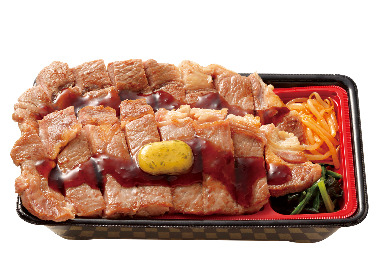 肉2枚Ｗ盛り「リブロースステーキ重」1,500円（税別）