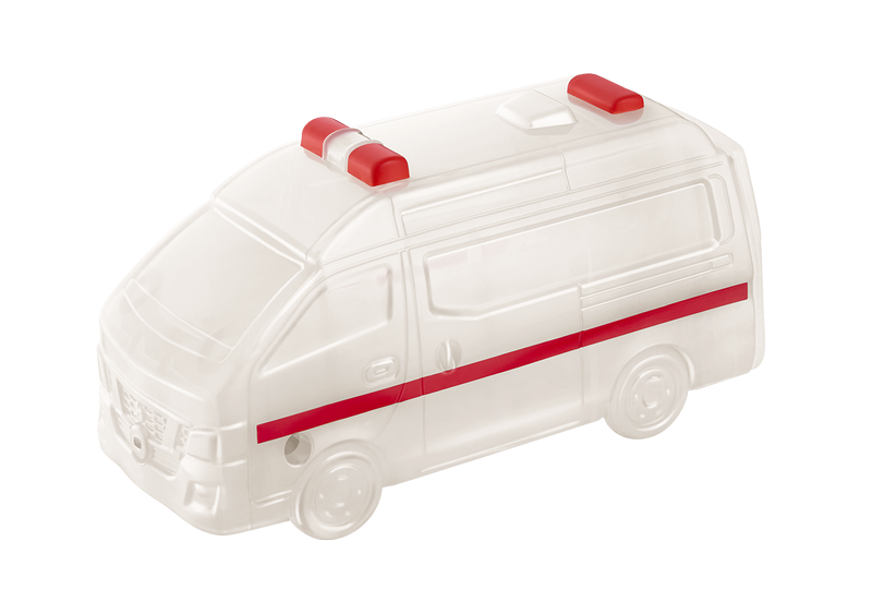 【日産 NV350 キャラバン 救急車 水でっぽう】トミカの救急車の形をした水でっぽうのおもちゃです。後ろのポンプを引きながら水を入れ、引いたポンプを押すと、車両前方部分の前と左右、3カ所から水が出ます