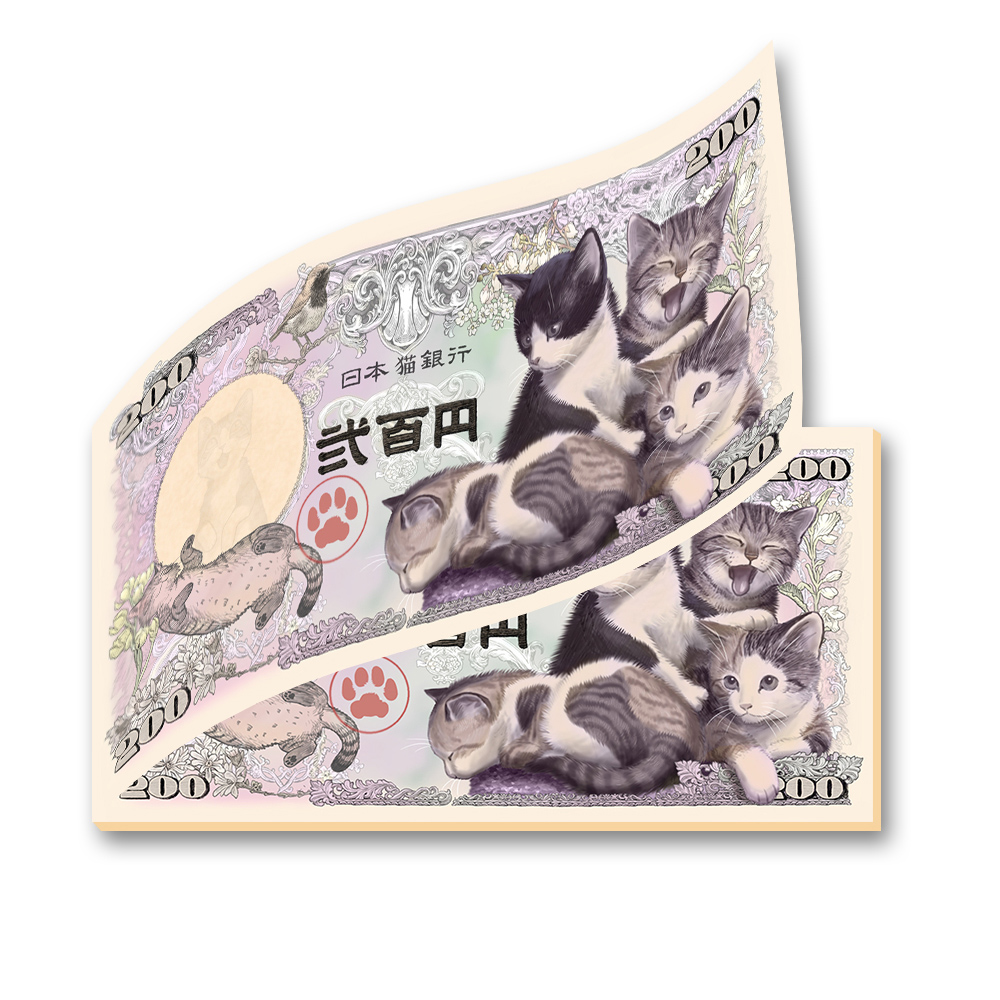 「子猫紙幣フルカラーメモ帳」528円(税込)／紙製、71mm x 140mmサイズ、30枚綴り