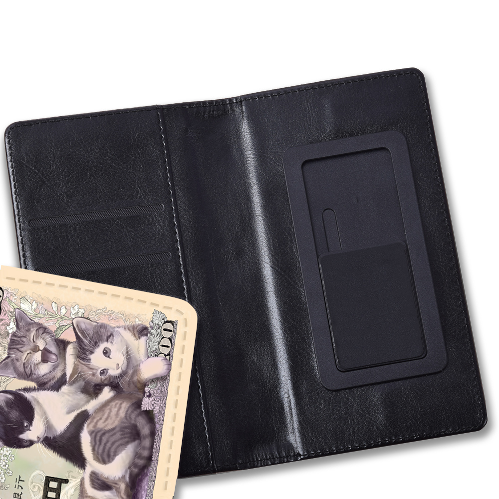 「子猫紙幣手帳型スマホケース（M/L）」3,520円(税込)／外側：革調(PU製)／内側：マグネット,粘着シート