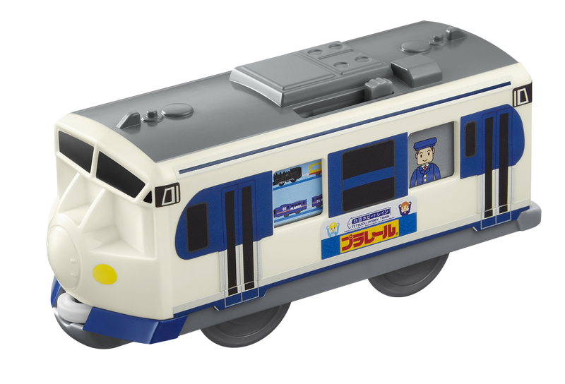 【JR四国「鉄道ホビートレイン」プラレール号】車両上部のレバーを動かすと、窓の絵が乗客から車掌やプラレールの展示に切り替わります。　JR四国承認済
