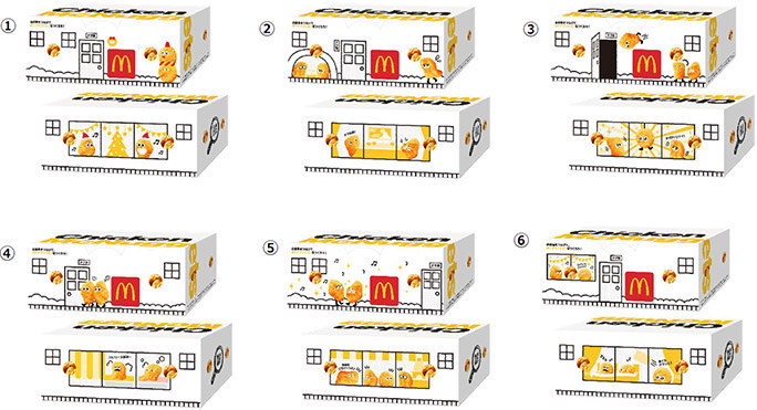(1)～(6)それぞれ上段がボックス前面、下段がボックス背面のデザイン。チキンマックナゲットをモチーフにしたキャラクターたちの部屋をイメージした特製デザインボックスは数量限定で全6種。異なるデザインのボックスをつなげて「ナゲマンション」を作ることも出来る、FUNのあるボックスになっています。※時期やお店によって、提供する特製デザインボックスの種類は異なります。一部店舗では提供していません。
