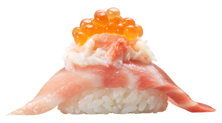 「三段つかみ寿司 -本鮪大とろと本ずわい蟹とイクラ-」一貫300円（税別）