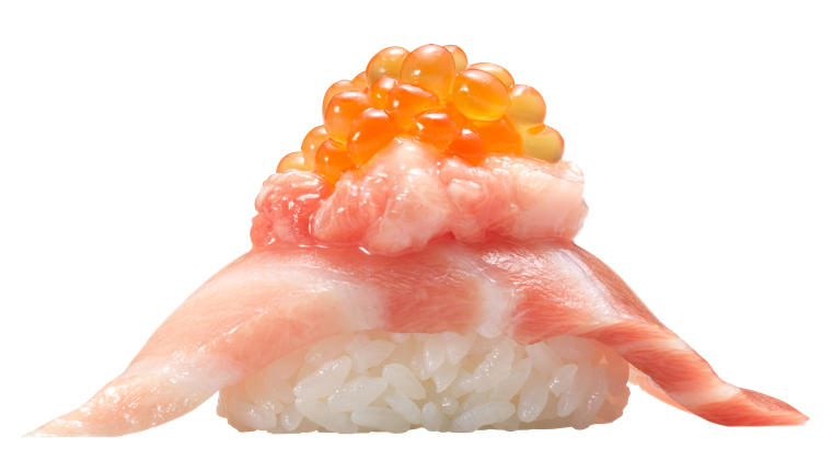「三段つかみ寿司 -W本鮪大とろとイクラ-」一貫300円（税別）