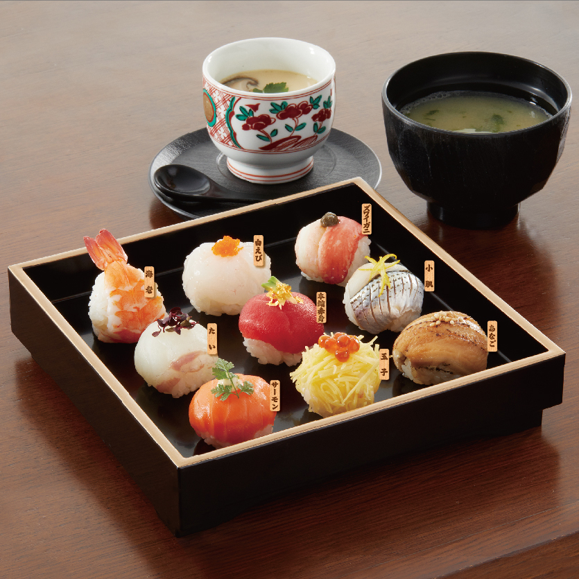 「LINE ポコポコてまり寿司セット」てまり寿司9個＋お椀・茶碗蒸し付きで1,800円（税別）