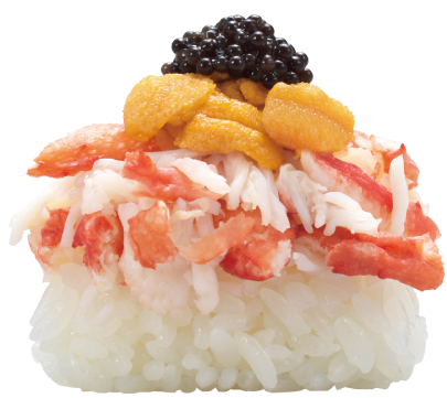 「三段つかみ寿司‐いばら蟹とうにとランプフィッシュキャビア‐」一貫300円(税別)