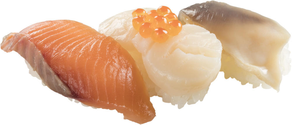 「北海道3貫盛り」300円（税別）。左から、天然サーモン・ほたて・生ほっき貝