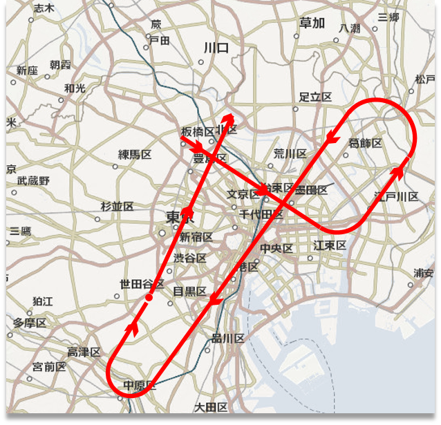※赤線で示す飛行経路(基準)を2回周回予定