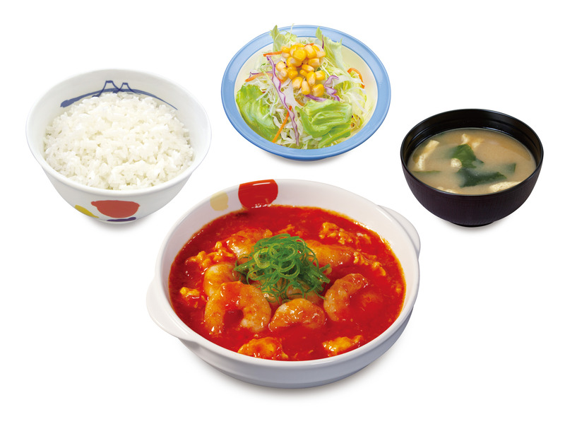 「海老のチリソース定食」(ライス・みそ汁・生野菜付) 730円