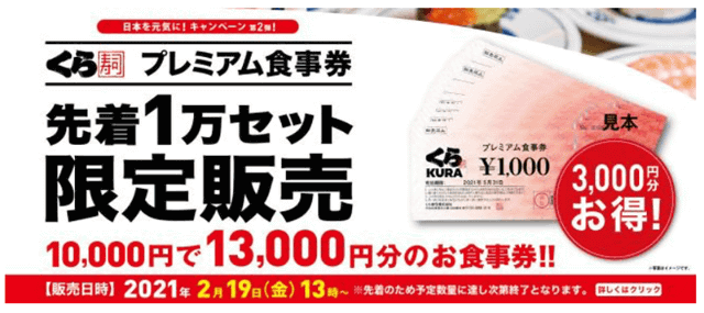 くら寿司初の3千円お得な「プレミアム食事券」1万セットが即完売! 予想