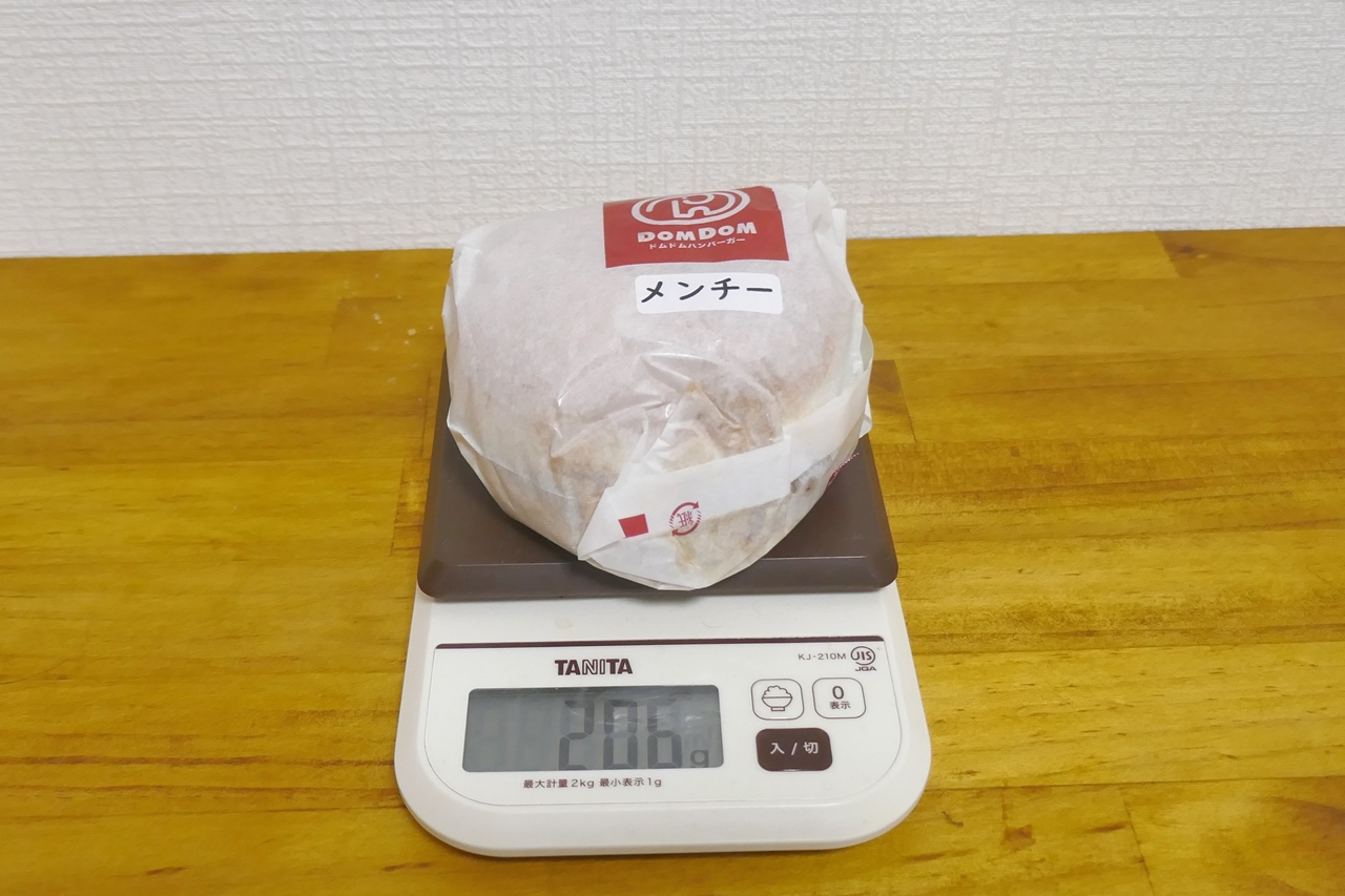 包み紙込みの「メンチー」重量は206g