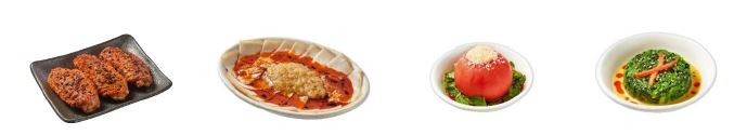 左から「トーフェイ・チキン」、「豚バラチャーシューにんにくのせ」、「丸ごとトマトの黒酢ソース」、「ほうれん草のマスタードソース」