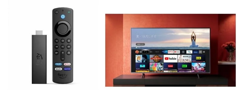 左：Amazon Fire TV用リモコンとFire TV Stick(本体) / 右：Amazon Fire TV 利用イメージ