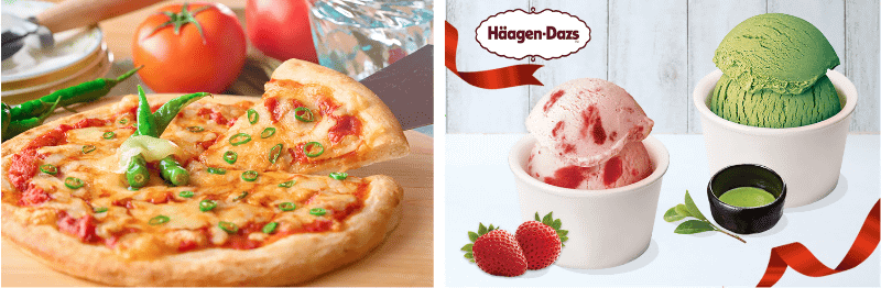 左：こちらも四国食材を使った一品、「高知産青唐辛子とフレッシュトマトのピッツァ」 / 右：夏のファミリーバイキングの目玉はやっぱりこれ！ハーゲンダッツアイスクリームも食べ放題！
