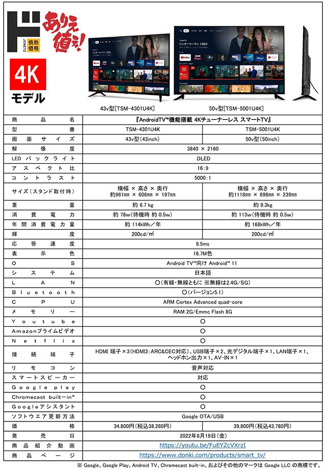 あの“NHK受信料不要”と話題のドンキのスマートTVに遂に4Kが登場! 50V型