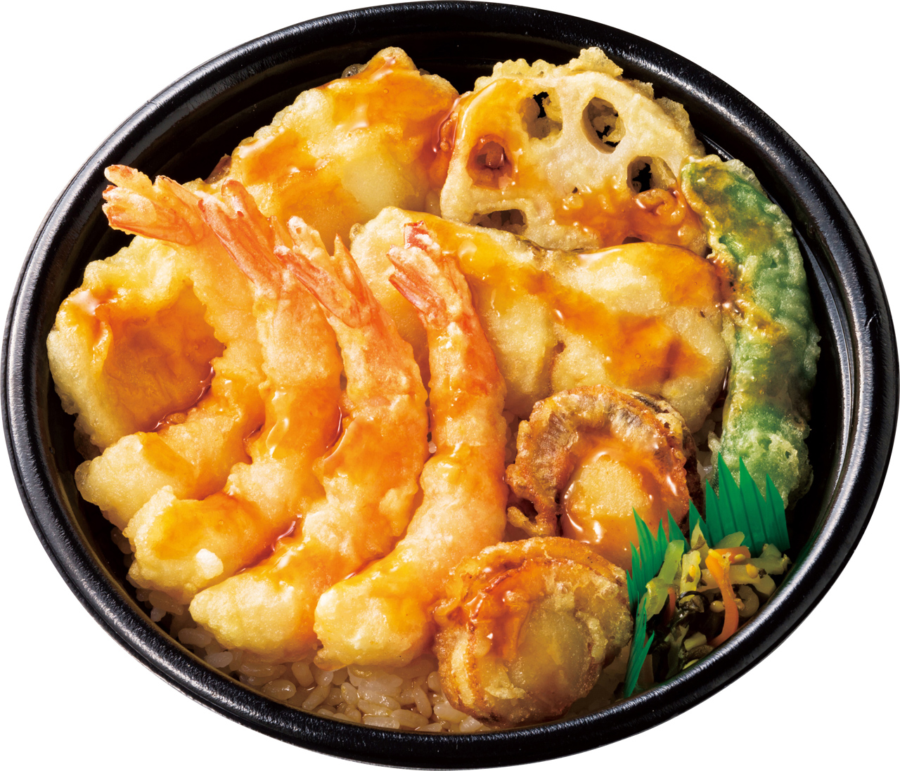 「上・海鮮天丼」740円（税込）<br />海老×4、ほたて×2、イカ、白身魚、スナップエンドウ、レンコン