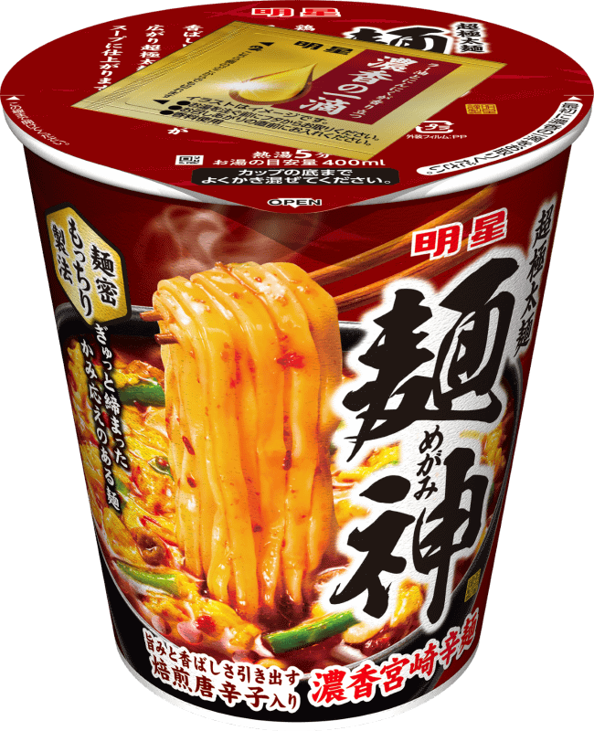 「明星 麺神カップ 濃香宮崎辛麺」255円(税別)、内容量93g(めん70g)356kcal