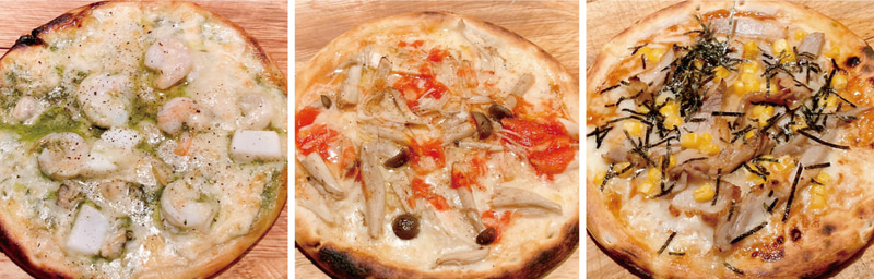 (左から)ジェノベーゼ・きのこのピザ・てりやきピザ