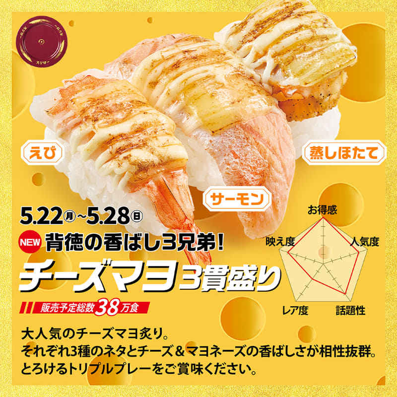 「チーズマヨ3貫盛り」180/190/210円(税込)
