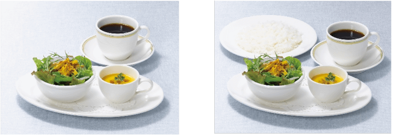 左「季節のスープ&サラダセット」858円(税込)、右「季節のスープ&サラダセット ライス付」968円(税込)150kcal