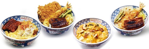 左から「うなひれかつ丼」950円(税込)、そば(温・冷)セット1,190円(税込)、「うな天丼」950円(税込)、そば(温・冷)セット1,190円(税込)、「オールスター丼」1,150円(税込)、そば(温・冷)セット1,390円(税込)、「うな玉丼」850円(税込)、そば(温・冷)セット1,090円(税込)