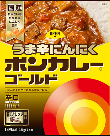 「ボンカレーゴールド うま辛にんにく 辛口」190円(税込)内容量180g 139kcal