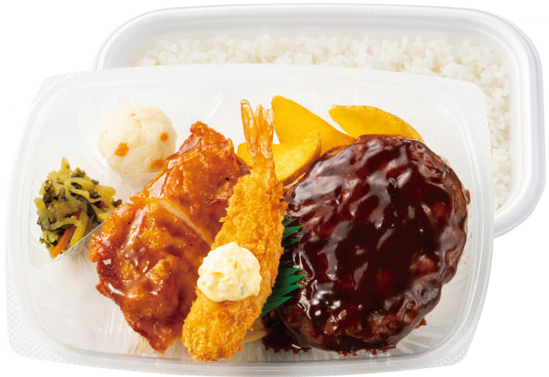 「～チキンステーキ・エビフライ付き～ハンバーグミックス弁当」860円(税込)