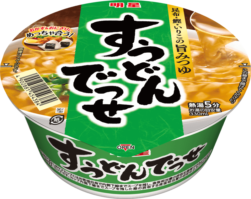 「明星 すうどんでっせ」130円(税別)、内容量67g(めん60g)308kcal