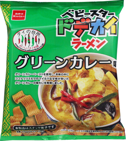 「ベビースタードデカイラーメン（タイの台所 グリーンカレー味）」店頭想定価格146円前後(税込)、内容量62g 315kcal