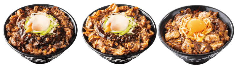 左から『超牛カルビ焼肉丼』『超豚バラ焼肉丼』『豪快 すたみなにくニク焼肉丼』