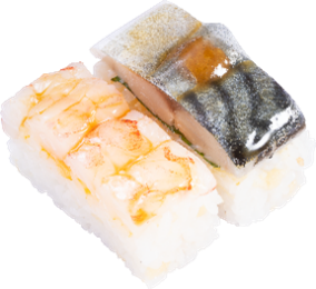 「押し寿司食べ比べ～とろ〆鯖・生えび卵黄ソース～」2貫363円(税込)