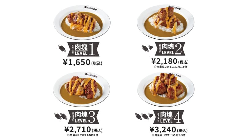 「ホロ肉ドカンとBBQカレー」LEVEL1 1,650円(税込)テイクアウト1,704円(税込) 1,234kcal、LEVEL2 2,180円(税込)テイクアウト2,234円(税込) 1,477kcal、LEVEL3 2,710円(税込)テイクアウト2,764円(税込) 1,719kcal、LEVEL4 3,240円(税込)テイクアウト3,294円(税込) 1,962kcal