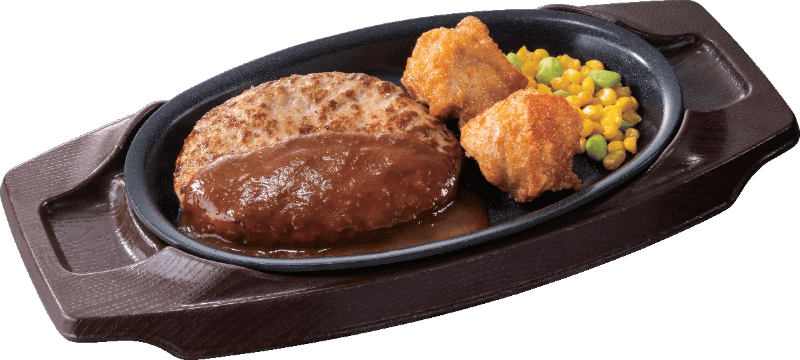 「ハンバーグデミグラスソース＆若鶏の唐揚げ」510～590円(税込)※通常価格660～740円(税込)
