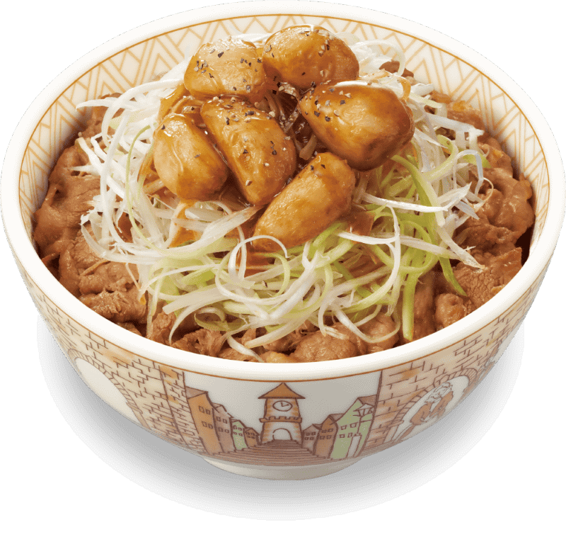 「にんにく白髪ねぎ牛丼」ミニ660円(税込)596kcal 並盛720円(税込)832kcal 中盛900円(税込)898kcal 大盛920円(税込)1,067kcal 特盛1,100円(税込)1,276kcal メガ1,250円(税込)1,558kcal