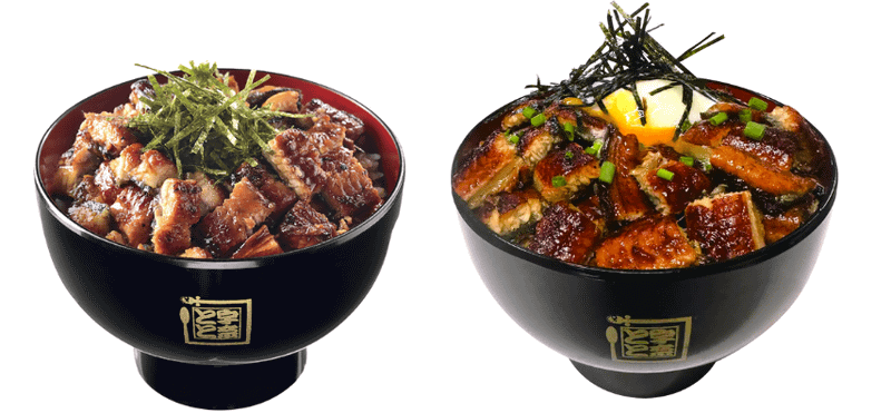 うなテラ丼(左)、テラ玉丼(右)　※両商品とも、写真はご飯大盛り時