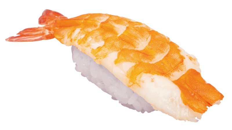 「頭肉付き活〆大えび」1貫110円(税込)
