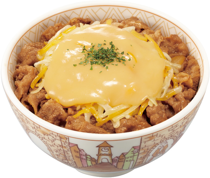 「とろ〜り3種のチーズ牛丼」ミニ640円(税込)672kcal、並盛690円(税込)908kcal、中盛860円(税込)974kcal、大盛890円(税込)1,143kcal、特盛1,090円(税込)1,352kcal、メガ1,240円(税込)1,634kcal