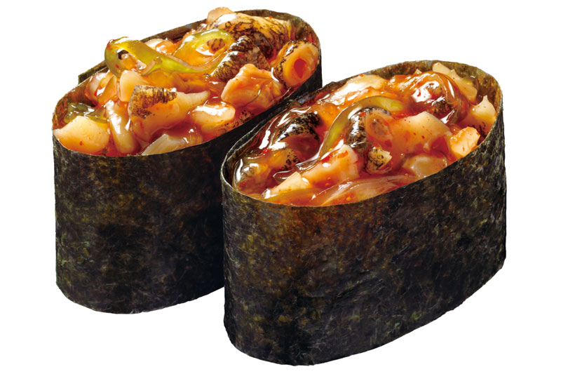 「北海道産つぶ貝のキムチ和え軍艦」110円(税込)