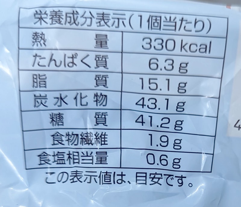 「白生コッペパン(ダブルカフェラテ)」の栄養成分表示