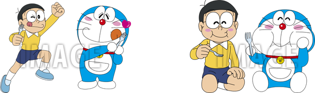 (左)「なつかしのナポリタン味の焼そば」のイラストは、ペロリと舌をだす二人、(右)「なつかしの黄色いカレーヌードル」のイラストは、もぐもぐしながらニッコリしている二人